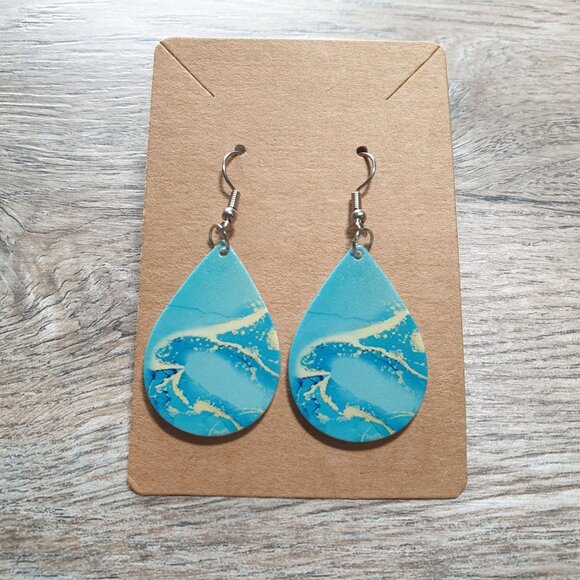 Blue Abstract Pattern Teardrop Earrings Lightweight Resin Dangle Jewelry Women - Picture 2 of 3